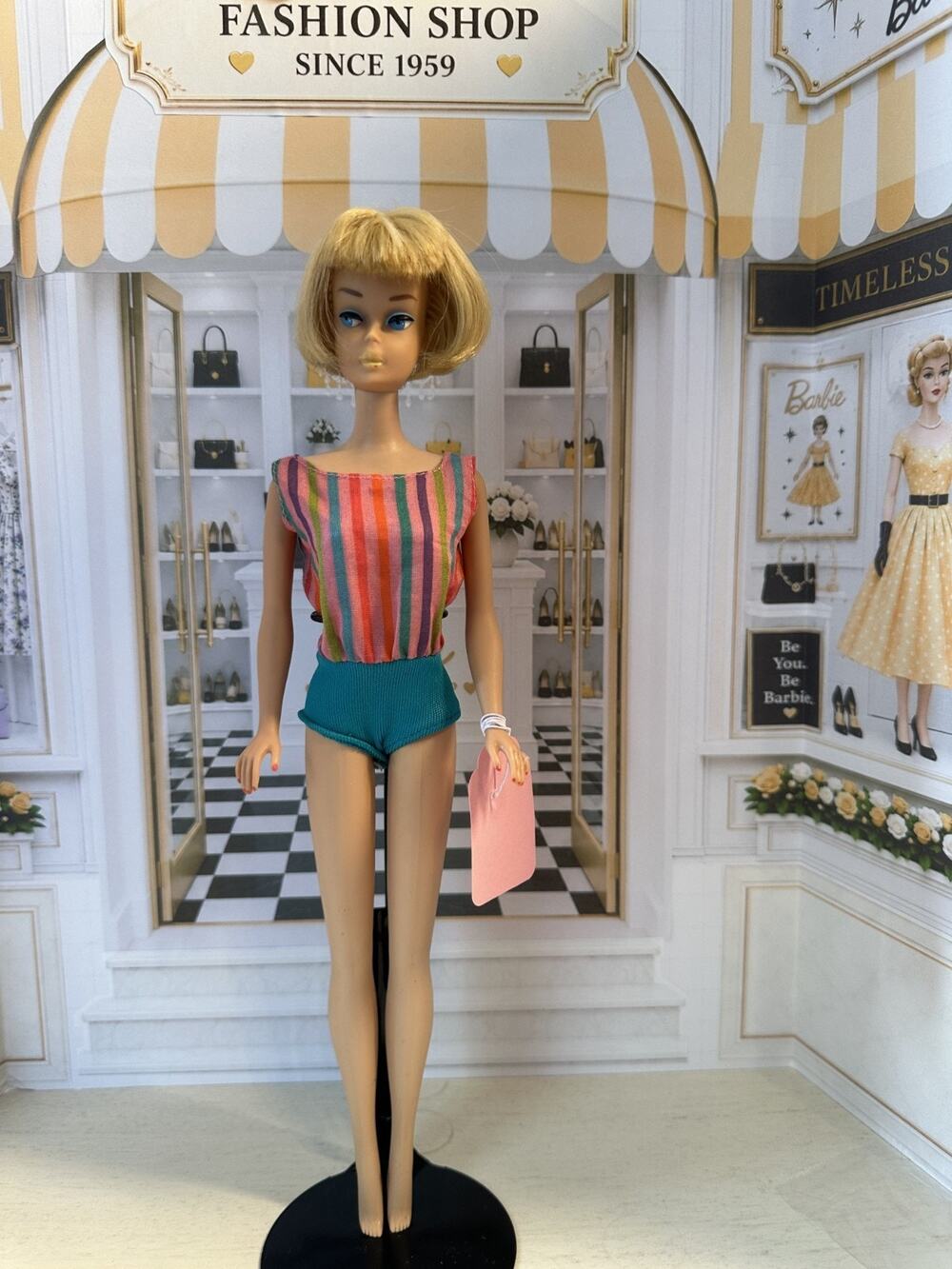 Vintage Barbie American Girl Blonde Blue Eyes 1958 Bend Legs Short Hair Swimsuit